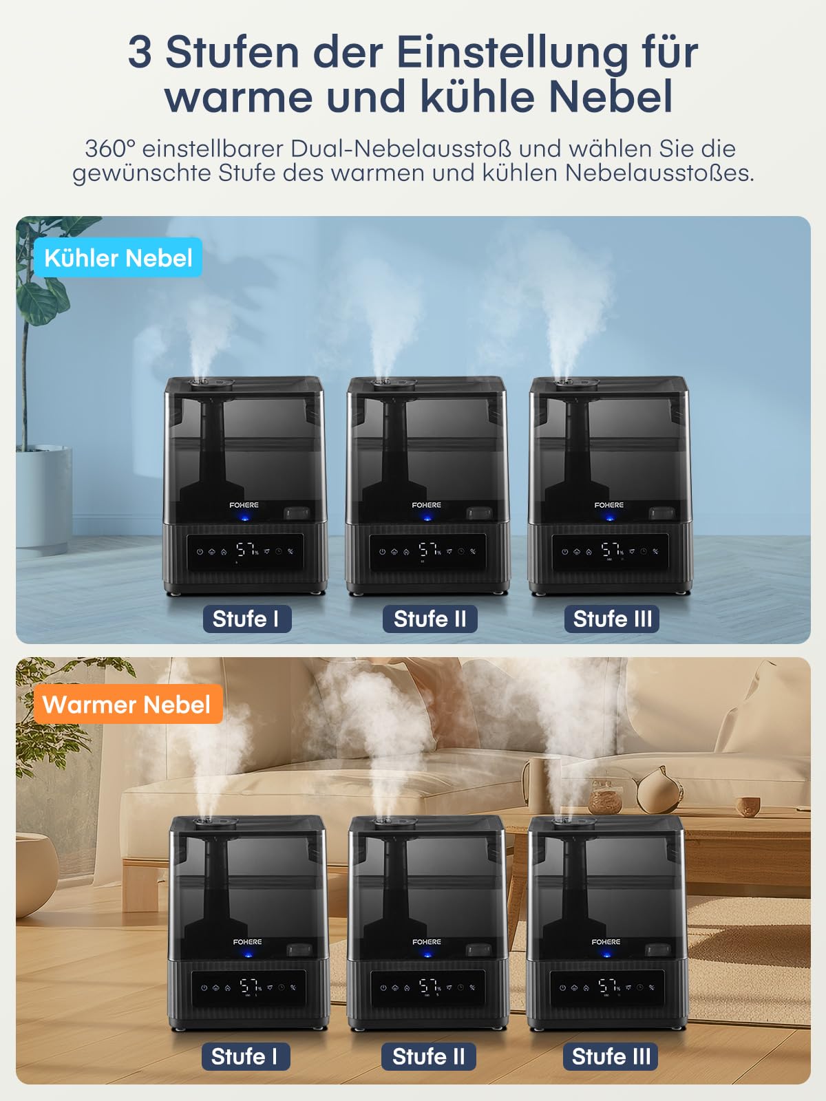 FOHERE Luftbefeuchter fürs Schlafzimmer, 6L Leiser Luftbefeuchter mit warmem und kühlem Nebel, 60H Laufzeit, Öldiffusor, Schlafmodus, 12H-Timer, Licht für heim Kinderzimmer Pflanzen Baby Kind
