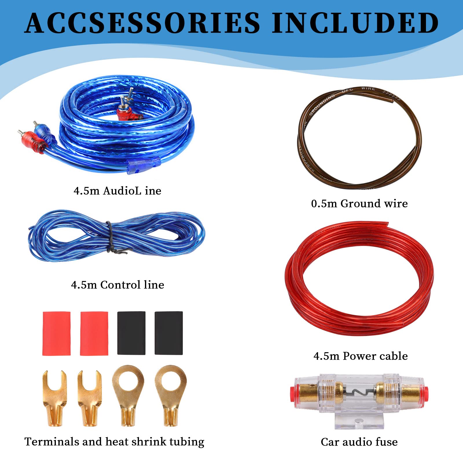 Verstärker Kabelsatz, Anschluss-Set Auto Verstärker Kabel Set, Subwoofer Kabel Set Endstufe Kabel, Car Audio Wire, 800W (10-Gauge Leitung, 4,5 Meter)