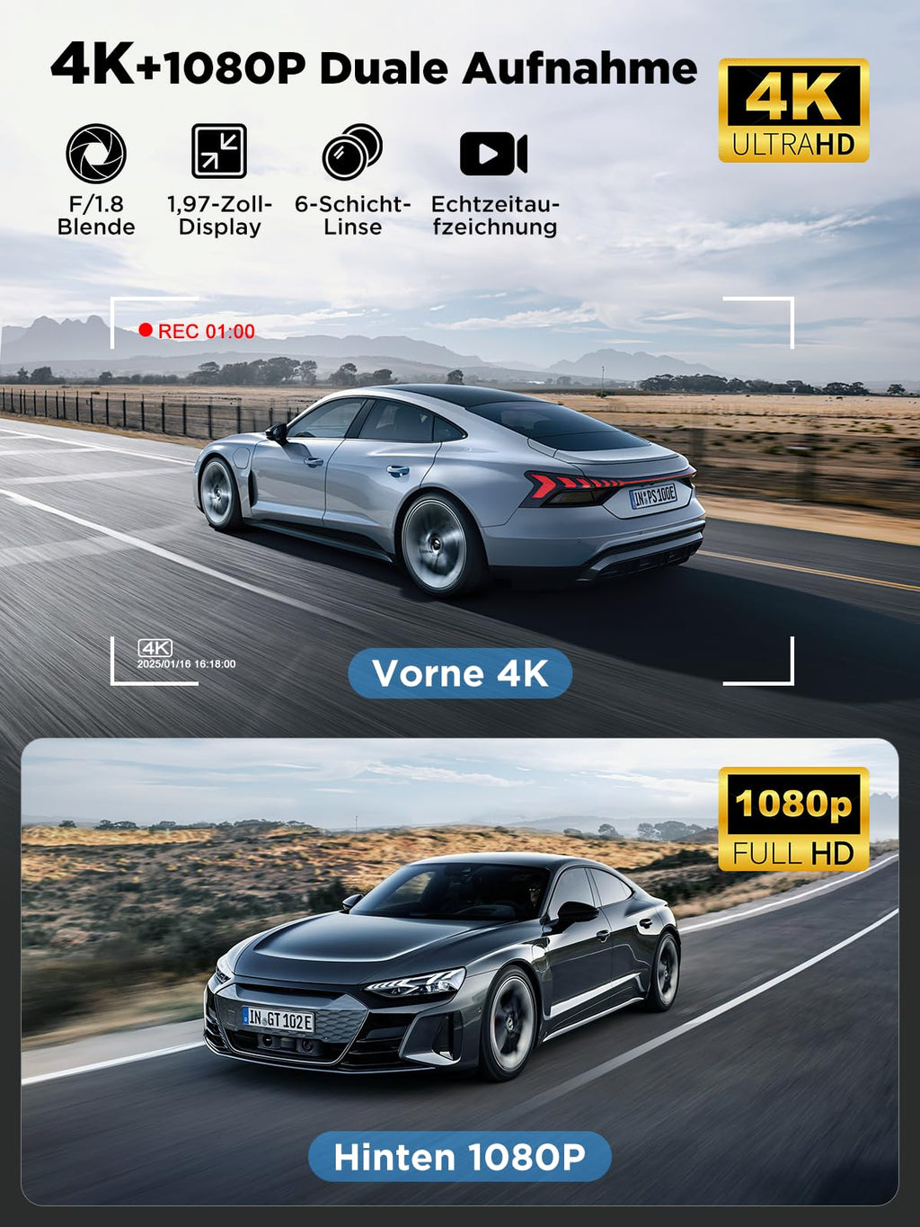 Topabol Dashcam Auto, 4K + 1080P Dashcam Auto Vorne Hinten, WiFi Dash Cam mit 64GB SD Karte, Dual Auto Kamera mit Nachtsicht, 170° Weitwinkel WDR, G-Sensor, Loop-Aufnahme, APP Steuerung, Max 256GB