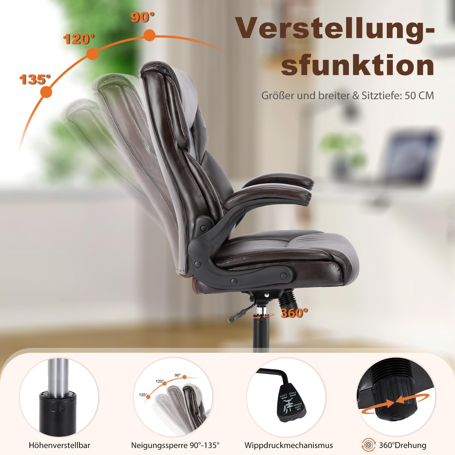 DUMOS Bürostuhl Pu-Leder Chefsessel mit Hochklappbaren Armlehnen Bürostuhle Leder mit Drehbaren Rädern Office Chair Ergonomic Geeignet für Büros Zuhause und Andere Umgebungen