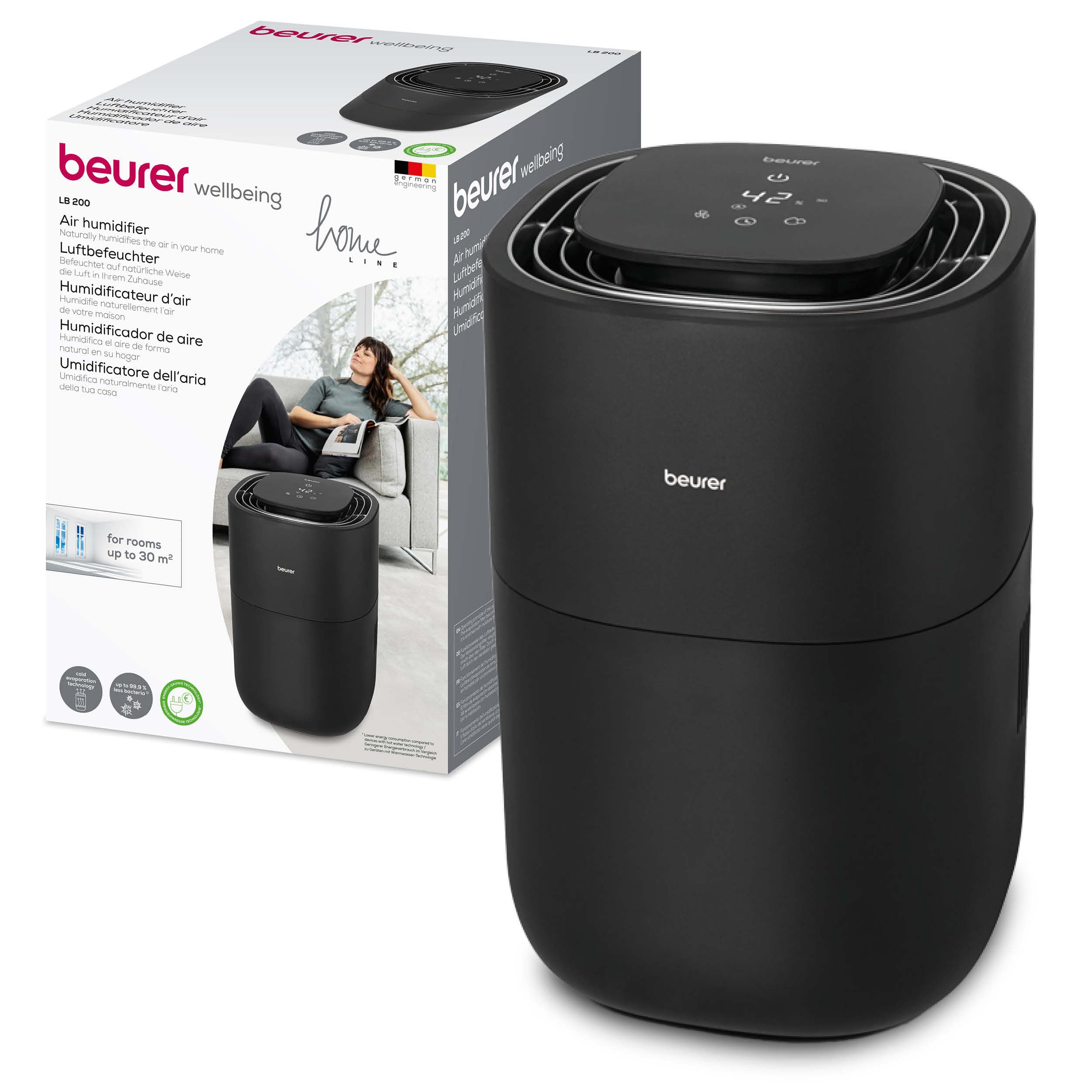 Beurer LB 200 Luftbefeuchter mit energieeffizienter Kaltverdunstungstechnologie, hygienische konstante Befeuchtung der Luft, mit Filtertrocknungsfunktion, 3 Befeuchtungsstufen, für Räume bis ca. 30m²