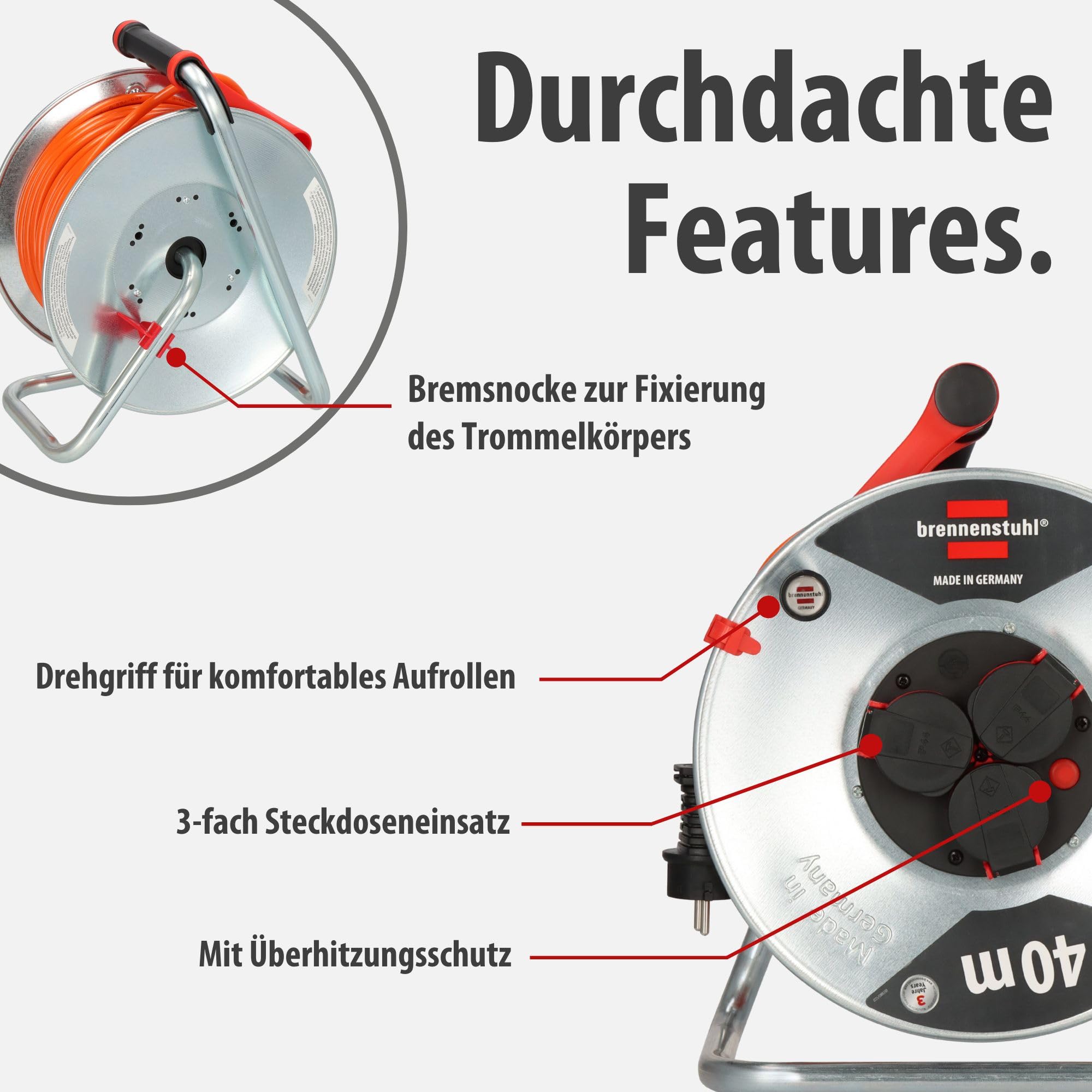 Brennenstuhl Garant S V2 IP44 Kabeltrommel 40m outdoor (Made in Germany, Kabel in Signalfarbe orange, aus Stahlblech, kurzfristiger Einsatz im Außenbereich)