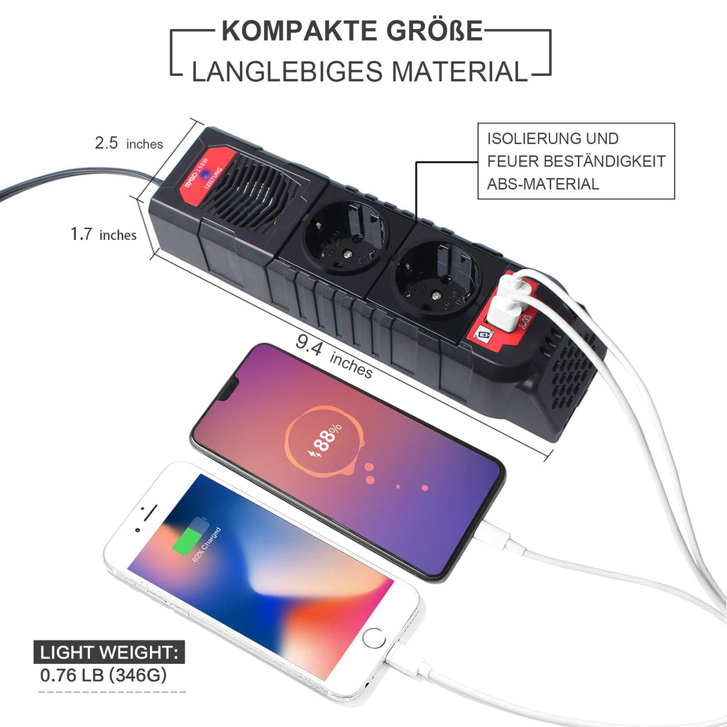 BYGD 150W Auto Spannungswandler Wechselrichter DC 12V auf 230V AC-Wandler mit 2 Ladesteckdosen und Zwei 2,4A USB-Anschlüssen Zigarettenanzünder-Steckdosenadapter für Geschaeftsfahrten und Urlaub