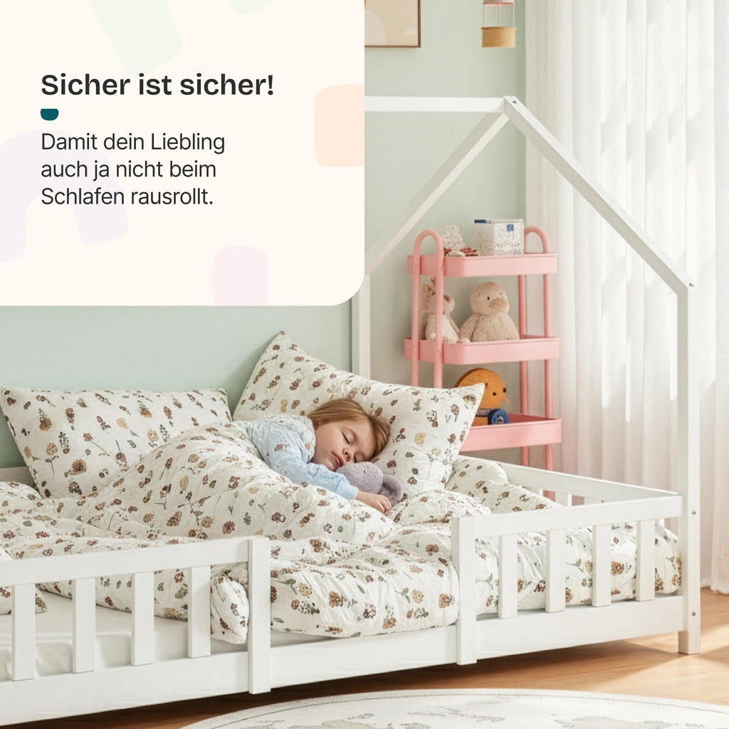 [en.casa] Kinderbett Sisimiut Hausbett Montessori 140 x 200 cm mit Rausfallschutz Holzbett für Kinder Bodenbett Lattenrost Kiefernholz Weiß matt