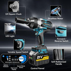 HECUSAM 2100 N.m Akku Schlagschrauber, 3/4" Bürstenloser Motor Schlagschrauber mit zwei Batterie,1/2-Zoll-Adapter, Drehschlagschrauber und Fall für Haus und schwerer Maschinen