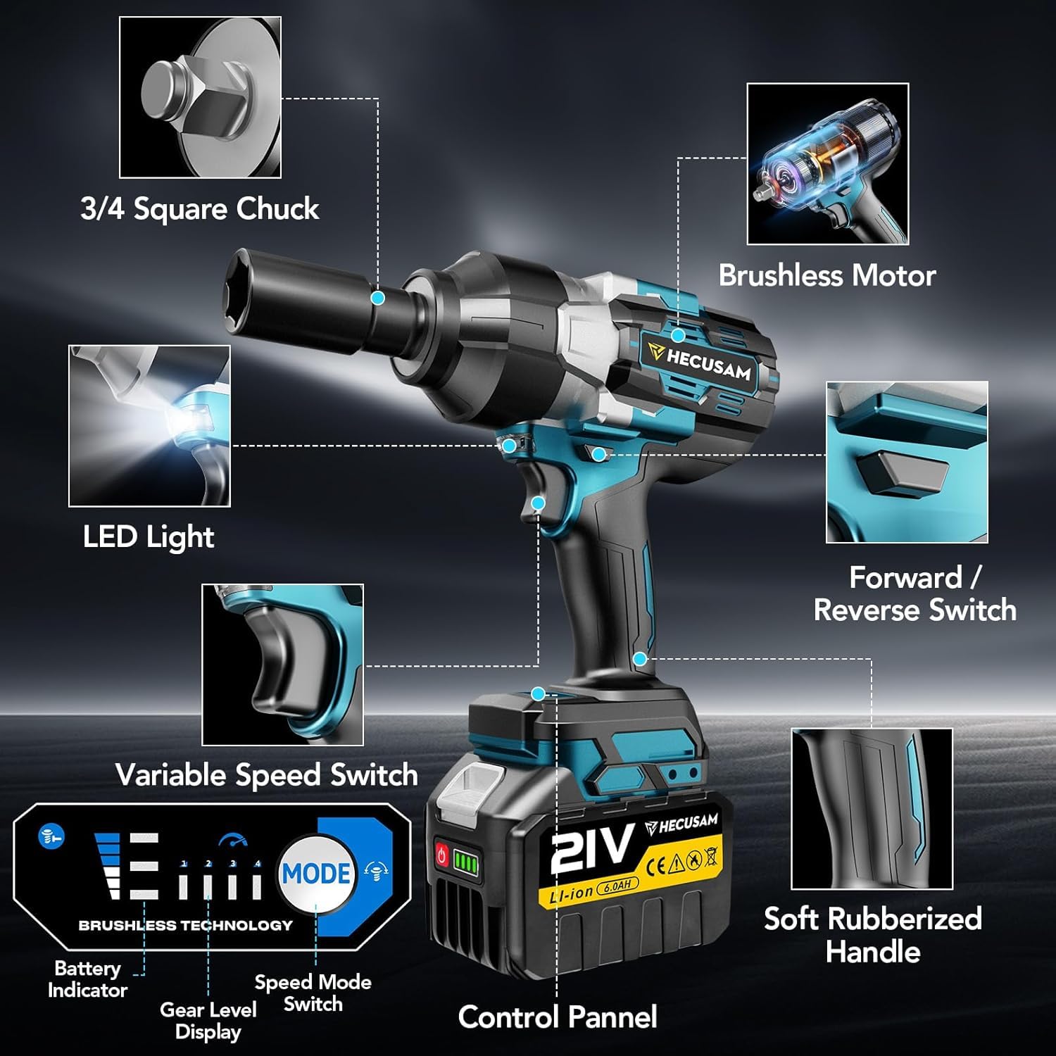 HECUSAM 2100 N.m Akku Schlagschrauber, 3/4" Bürstenloser Motor Schlagschrauber mit zwei Batterie,1/2-Zoll-Adapter, Drehschlagschrauber und Fall für Haus und schwerer Maschinen