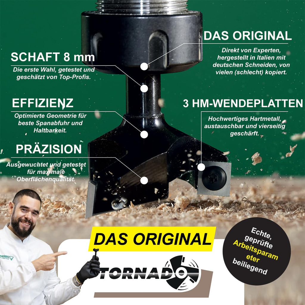 Fraiser Tornado – Planfräser Holz mit Schnittdurchmesser 35 mm und 8 mm Schaft, 3 austauschbaren HM-Wendeplatten – Flächenfräser, Kantenfräser und Nutfräser für CNC und Oberfräse