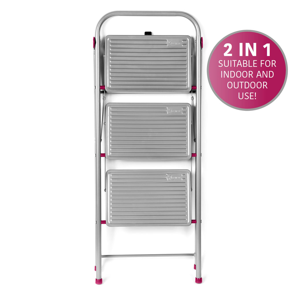 Kleeneze zusammenklappbare 3-stufige Trittleiter, leichte Klappleiter für Heimwerker, sicheres Arbeiten, rutschfeste Trittstufen, robuster Stahl, Sicherheitsclip, 105 cm, rosa/grau, Tragkraft 150 kg