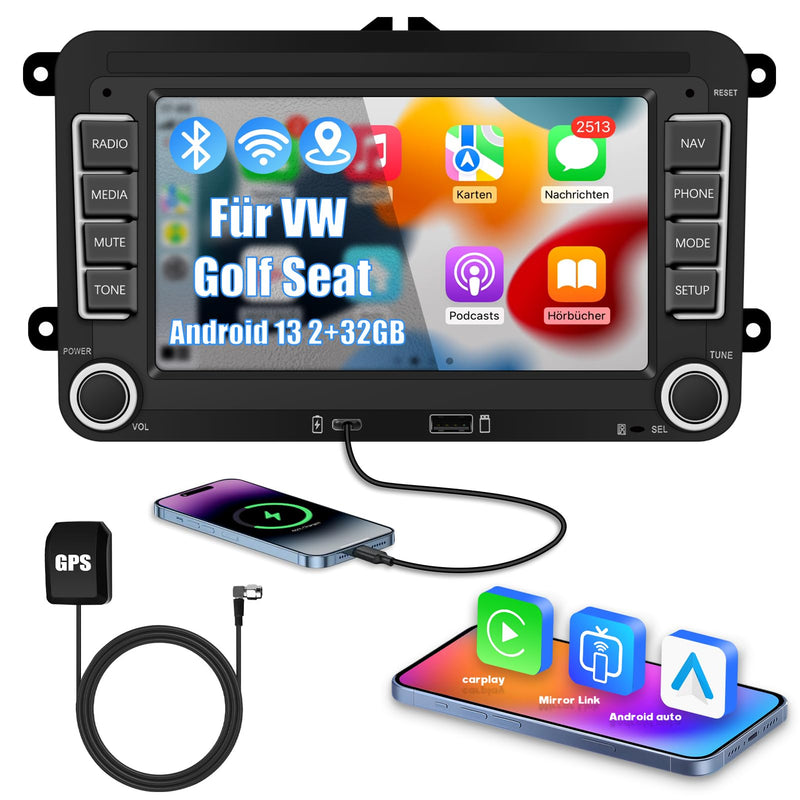 Ledio Bluetooth Autoradio mit Bildschirm für VW Golf 5 6 T5 Polo 6r Caddy Passat Touran Seat, Auto Radio mit Navi WLAN FM/AM Dab Radio, Apple Carplay Android Auto Mirrorlink 2Din 7 Zoll Android 14 GPS