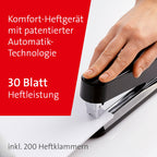 Novus B 7A Komfort Heftgerät (30 Blatt Heftleistung, Automatik-Funktion, inkl. 200 Klammern) schwarz glänzend