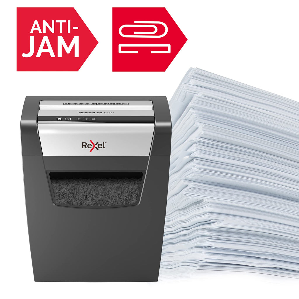 Rexel Aktenvernichter Momentum X410, Partikelschnitt, 11-10 Blatt A4 (70-80 g/m²) Kapazität, Sicherheitsstufe P4, 23L Abfallbehälter, Schredder, schwarz, 2104571EU