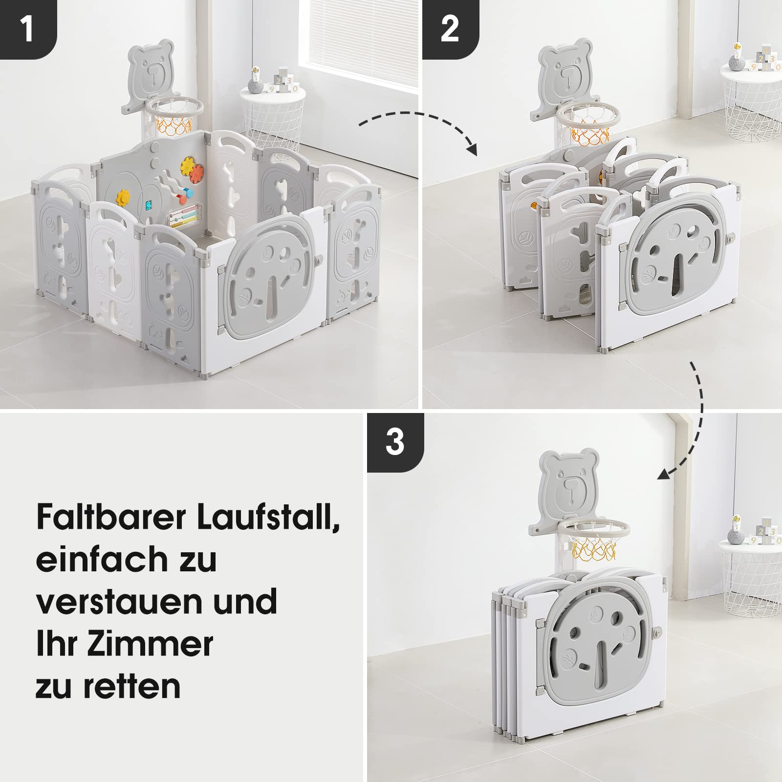 Dripex Faltbarer Laufstall 113x113 cm mit Spielbrett aus Kunststoff, Grau
