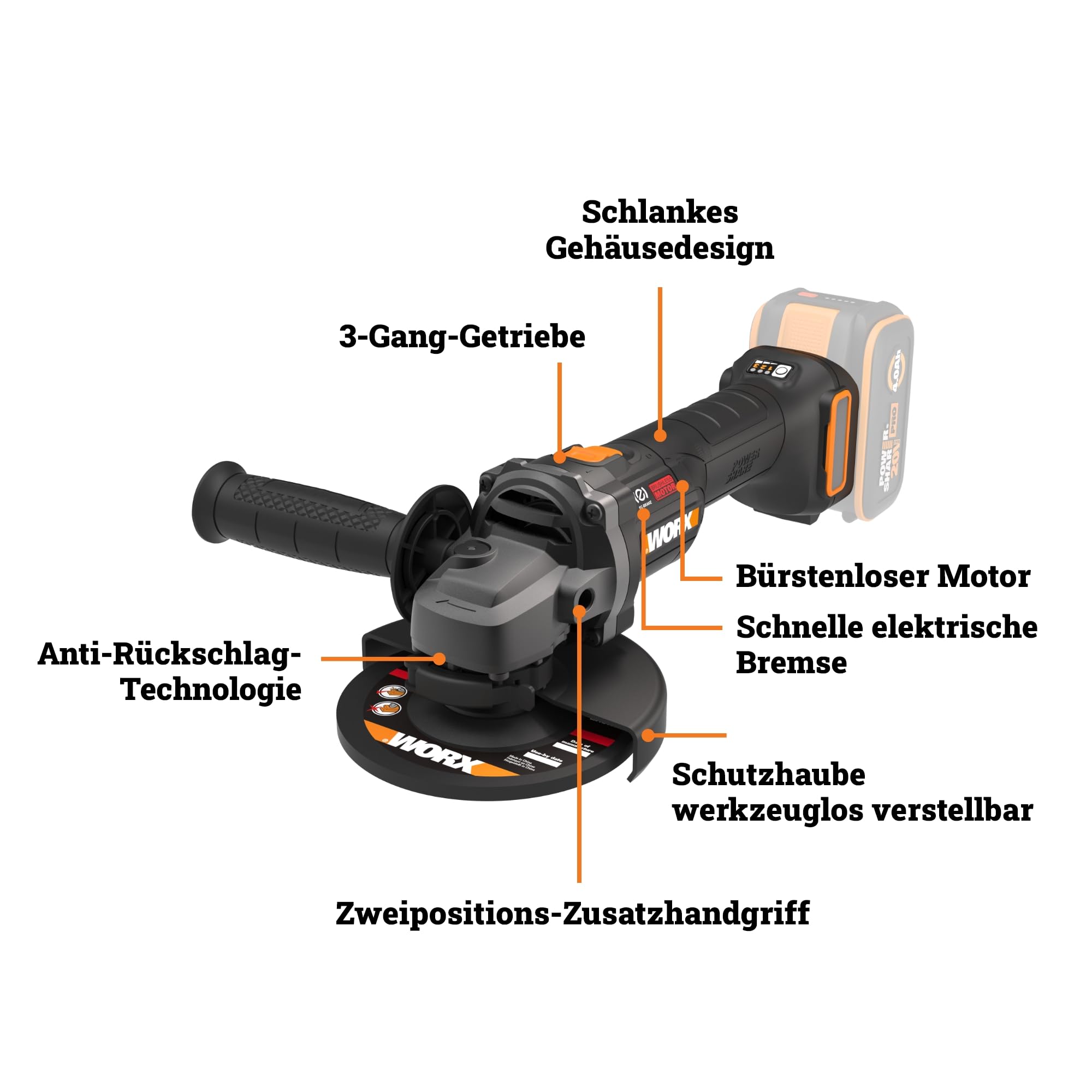 WORX WX814.9 Nitro Brushless Akku-Winkelschleifer 20V – 125mm Scheibendurchmesser – 8600 U/min – leicht & kompakt – 2-Positionen-Zusatzhandgriff – Sicherer Rückschlagschutz – ohne Akku & Ladegerät