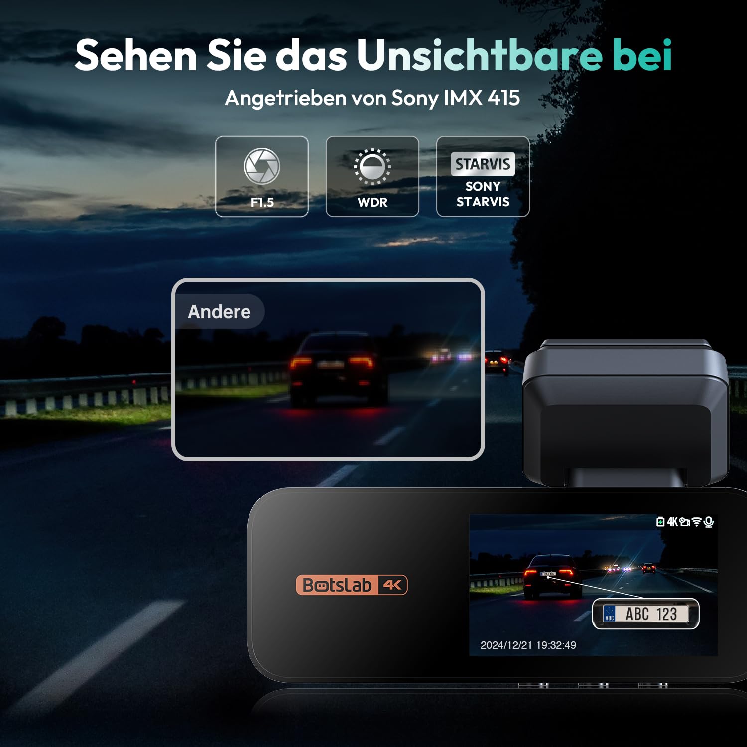 BOTSLAB Dashcam Auto Vorne Hinten 4K+2K mit GPS WiFi und Hardwire-Kit, Dash Cam Auto Kamera mit ADAS, Kostenlose 64-GB-Karte, 24/7 Parküberwachung, 2,45" IPS, Nachtsicht, WDR, 170°Weitwinkel