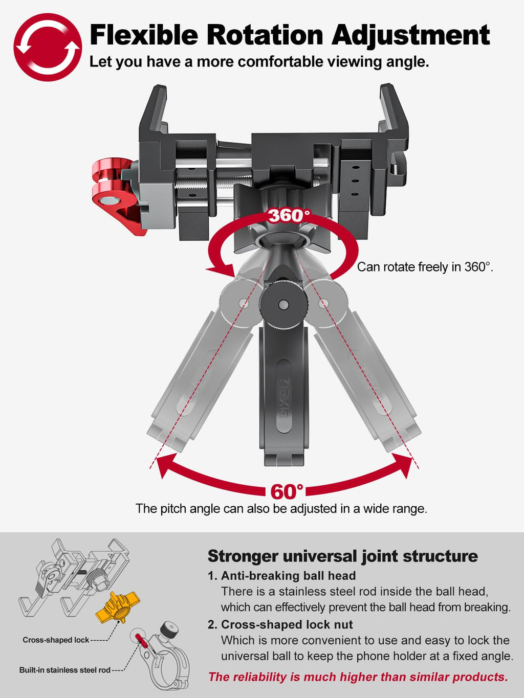 Tiakia Handyhalterung Fahrrad Aluminium Motorrad Handyhalter 6 Krallen mit 360° Drehung, Universal Handyhalter Werkzeugfreie Installation Handyhalterung Fahrrad für 4,5-7 Zoll-Telefone
