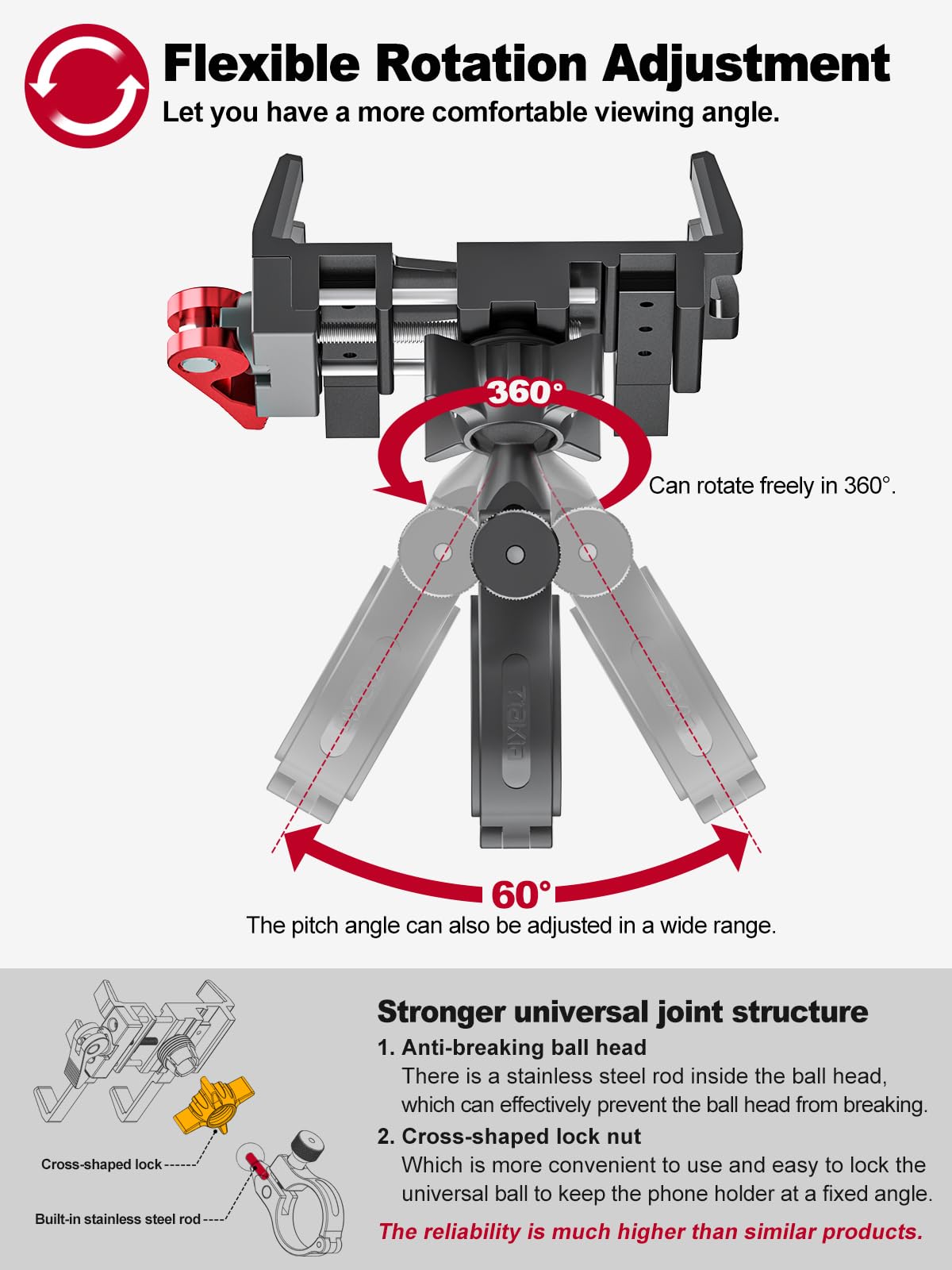 Tiakia Handyhalterung Fahrrad Aluminium Motorrad Handyhalter 6 Krallen mit 360° Drehung, Universal Handyhalter Werkzeugfreie Installation Handyhalterung Fahrrad für 4,5-7 Zoll-Telefone
