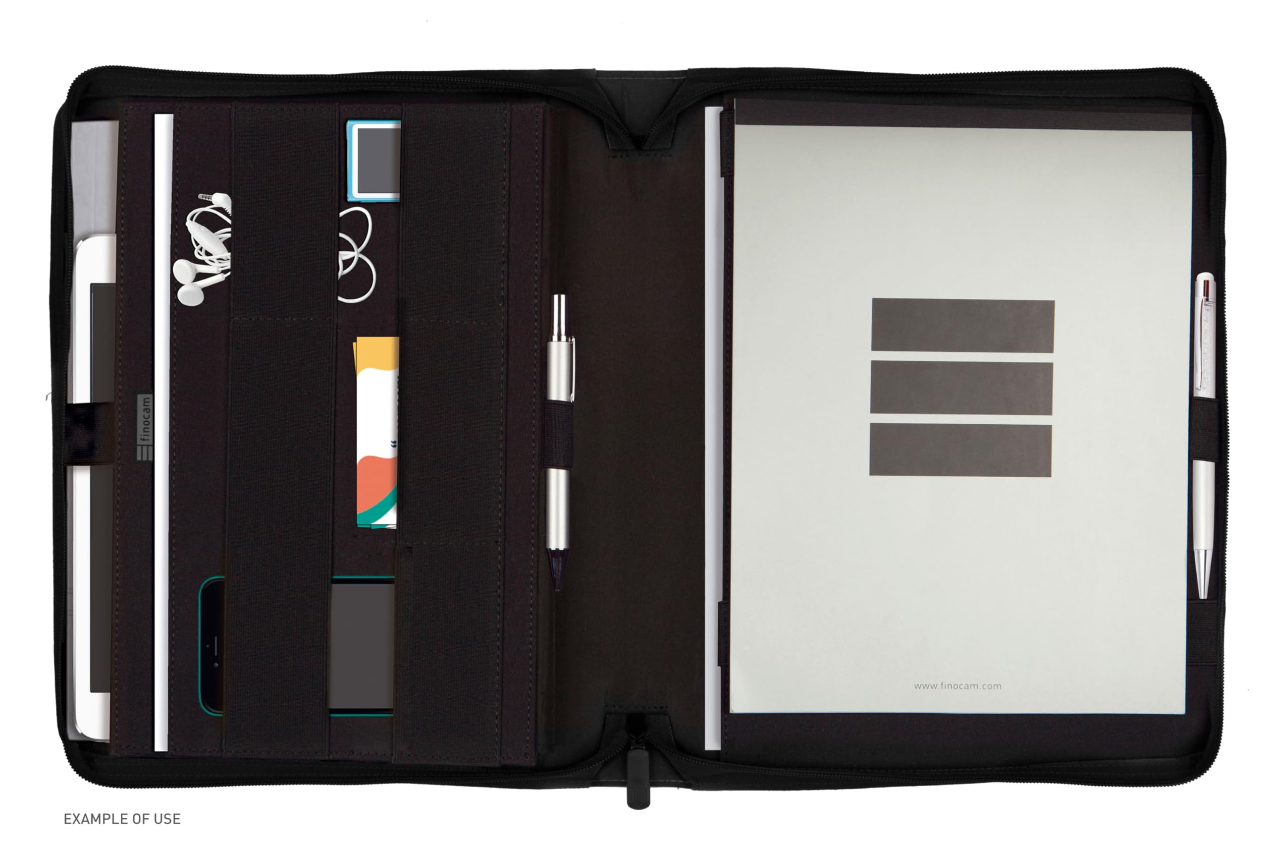 Finocam - A4 Dokumentenmappe SERIE 00- Schwarz | Dokumentenmappe aus Polyester | Dokumentenmappe mit Reißverschluss - Stifthalter und Innentasche für Tablet | Mit Notizblock