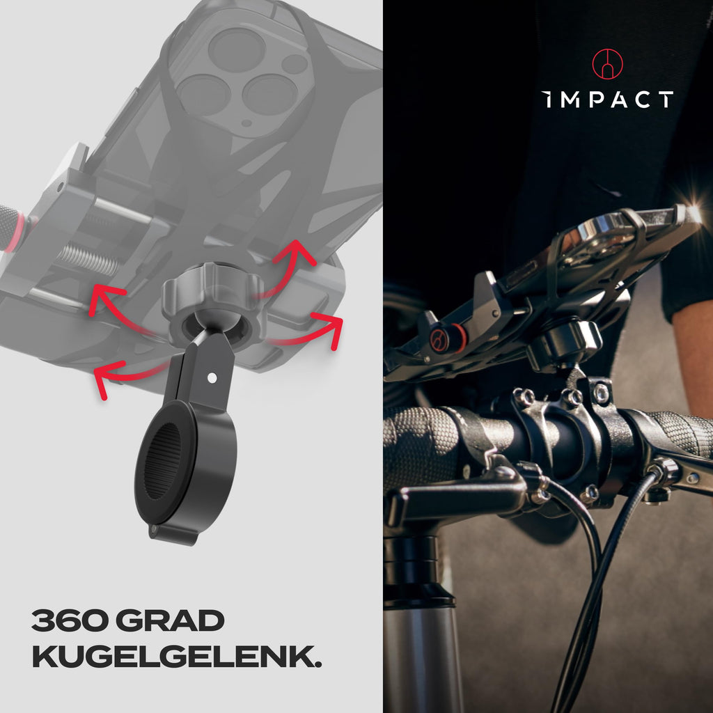 Impact® Pro Mount 360° - Handyhalterung Fahrrad [Smartphone KOMPATIBEL 4-7 Zoll] - Handyhalter Fahrrad - Handyhalterung für Fahrrad Lenker mit Kugelgelenk & Sicherheitsgummi - iPhone 14 15 Pro Max