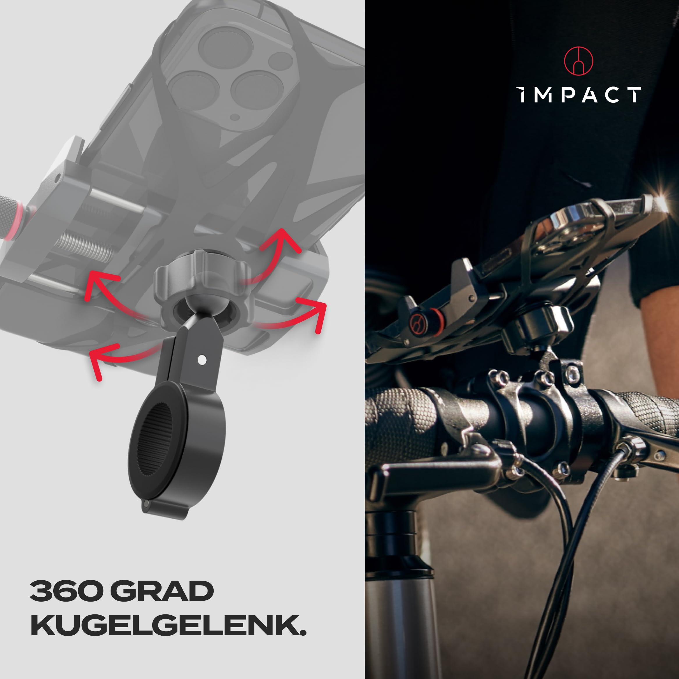 Impact® Pro Mount 360° - Handyhalterung Fahrrad [Smartphone KOMPATIBEL 4-7 Zoll] - Handyhalter Fahrrad - Handyhalterung für Fahrrad Lenker mit Kugelgelenk & Sicherheitsgummi - iPhone 14 15 Pro Max