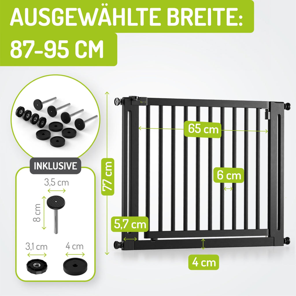 BOMI Baby Schutzgitter Treppe Miko PEFC geprüftes Buchenholz | Ohne Bohren | Gittertür aus Holz schwarz | Stabile Baby Schutzgitter Tür für Kindersicherheit | Treppen Türgitter | Breite: 87-95 cm