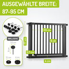 BOMI Baby Schutzgitter Treppe Miko PEFC geprüftes Buchenholz | Ohne Bohren | Gittertür aus Holz schwarz | Stabile Baby Schutzgitter Tür für Kindersicherheit | Treppen Türgitter | Breite: 87-95 cm