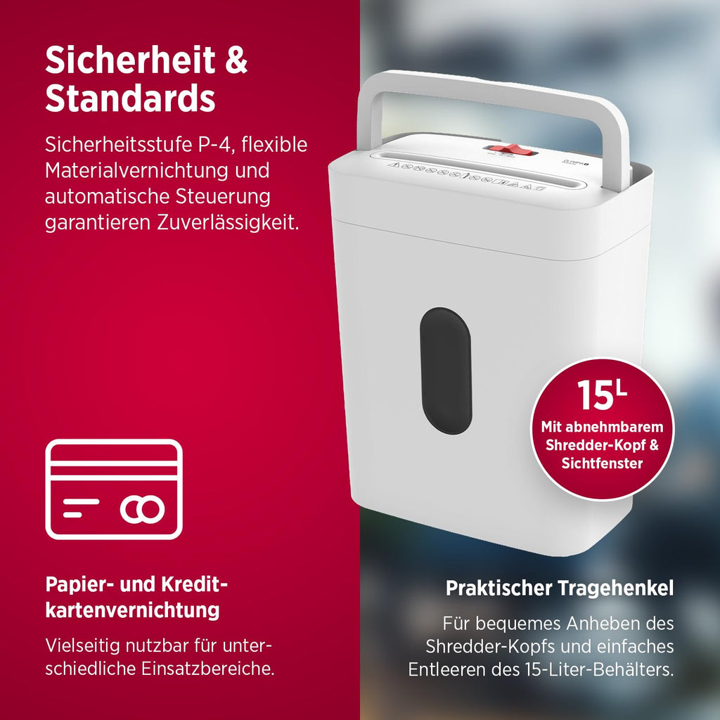 OLYMPIA PS 53 CC Pro Aktenvernichter weiß | Papierschredder für Home Office & Büro | Schredder Aktenvernichter P-4 | Partikelschnitt 4×38 mm | 6-Blatt Shredder Papier | 15 L Papier Schredder Gerät