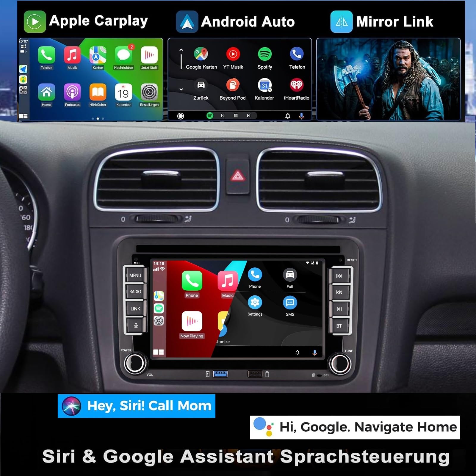 HLLECARMO Autoradio für VW Golf 5/6, Polo 5/6R, T5, Passat, Jetta – 7-Zoll-Touchscreen, Wireless CarPlay & Android Auto, Bluetooth/AM/FM/Lenkradsteuerung (SWC)/USB/DSP-EQ, Plug and Play