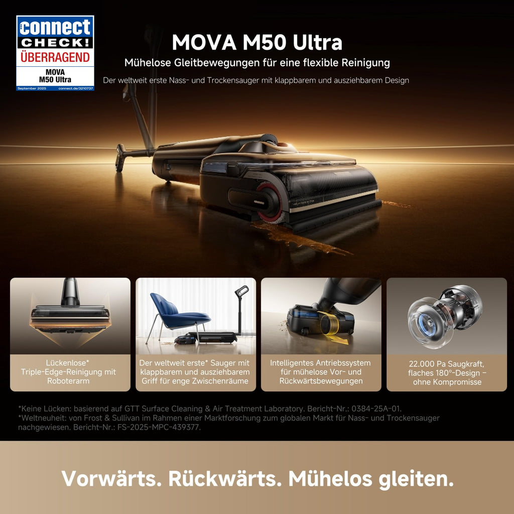 Mova M50 Ultra Nass- und Trockensauger, 22.000Pa, Roboterarm 0 Spalt, klappbarem und Ausziehbarem Griff,Antriebssystem für müheloses Gleiten,100°C Bürstenwäsche, 5min 90°C Trocknung