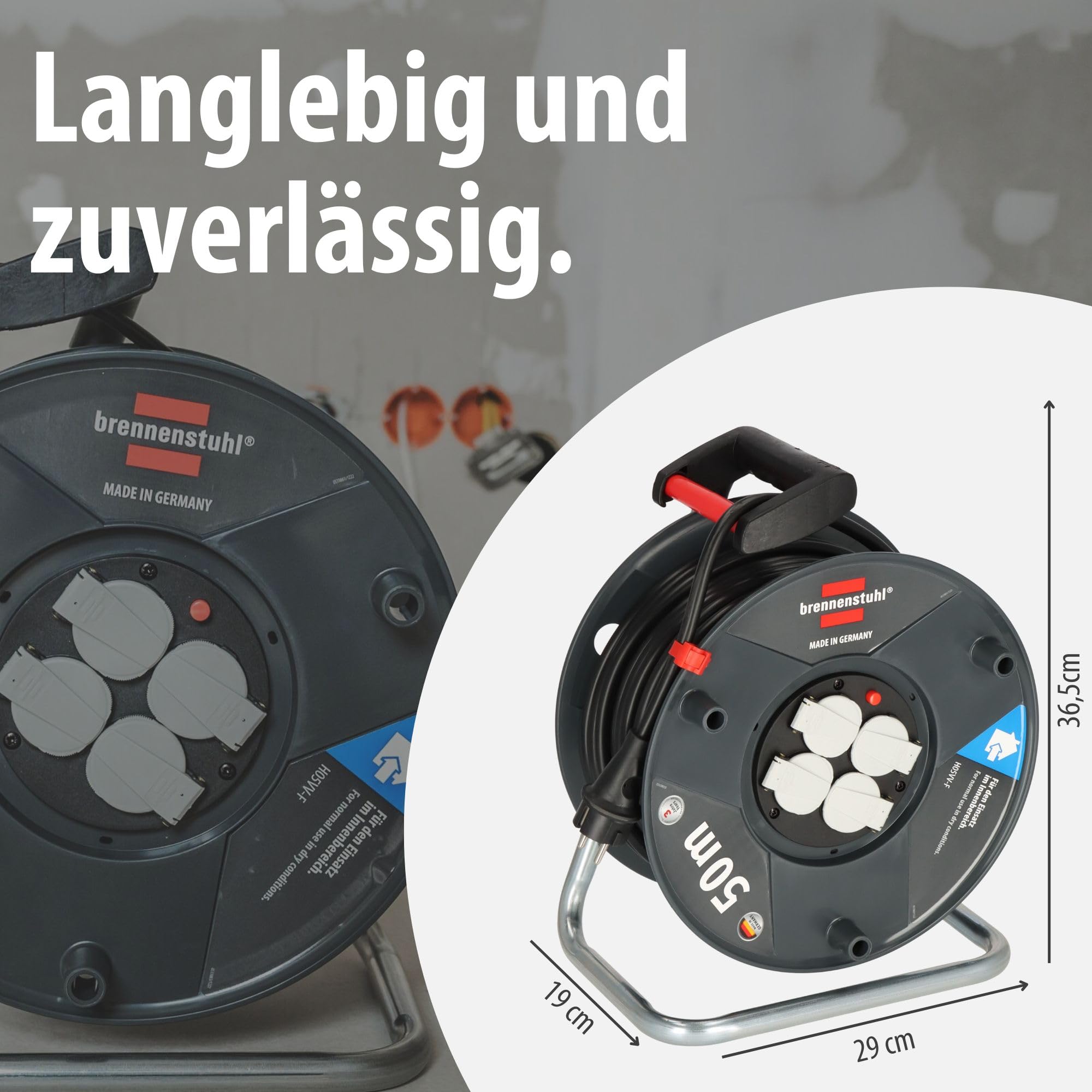 Brennenstuhl Garant V2 Kabeltrommel 50m Kabel (Made in Germany, 4 Schutzkontakt-Steckdosen, Überhitzungsschutz, Trommelkörper aus Spezialkunststoff)