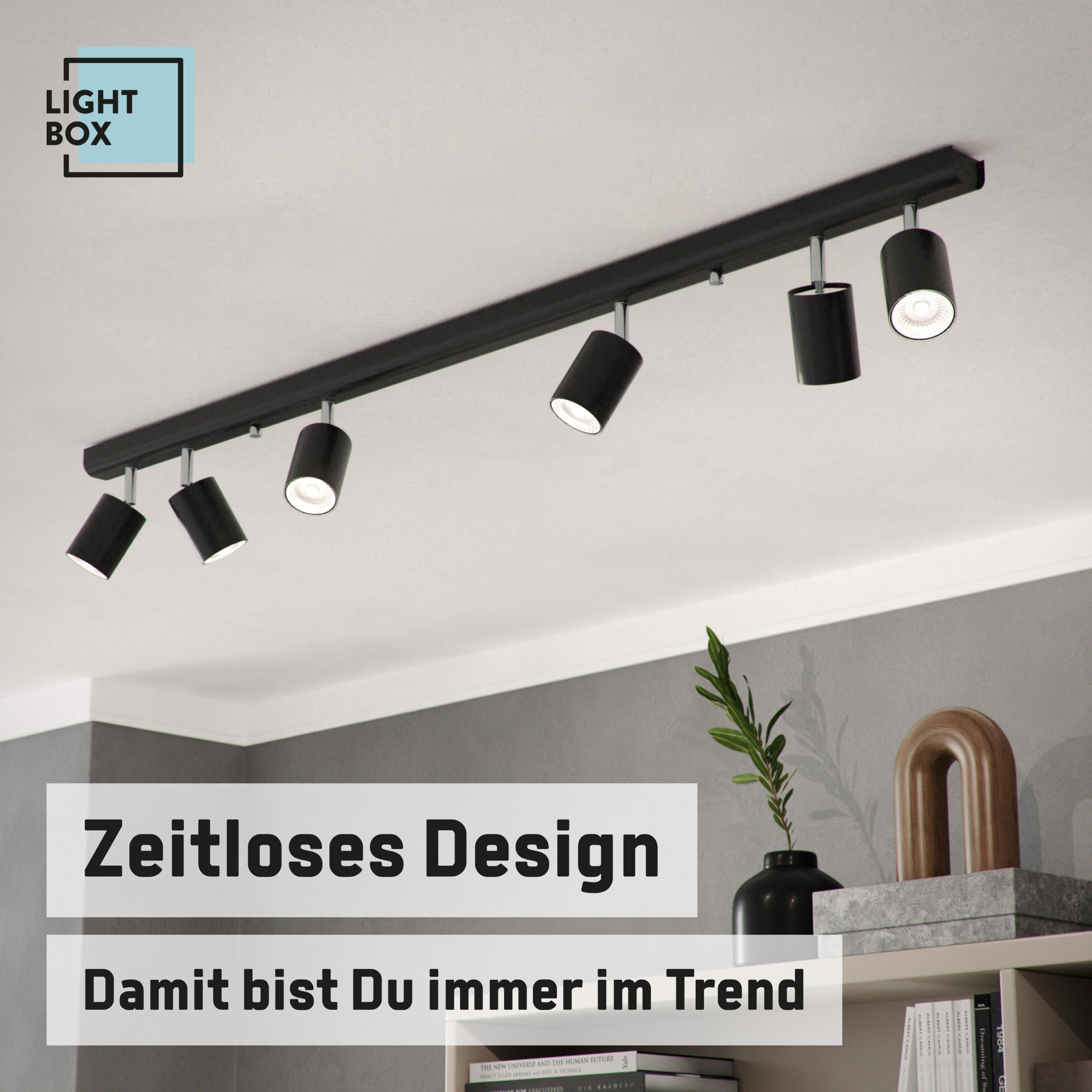 Lightbox Deckenlampe LED 6 flammig | Decken-Strahler mit schwenkbaren Spots | Lampe für Wohnzimmer, Küche oder Schlafzimmer (innen) | 6 x GU10 Fassung | aus Metall in Schwarz