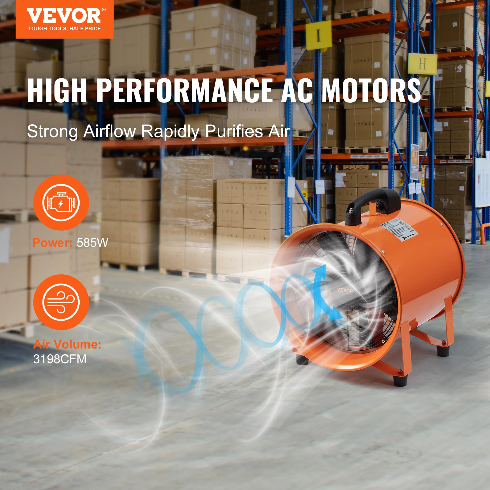 VEVOR Bauventilator 367-W-AC-Motor Baugebläse 2800 U/min Baulüfter Gebläse 2574 CFM (4373 m3/h) Axiallüfter mit 10 m Schlauch Axialgebläse 79 dB Geräuschpegel Industrielüfter