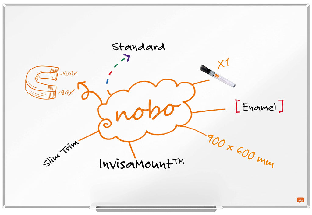 Nobo Magnetisches Emaillle-Whiteboard mit Stiftablage, 900 x 600 mm, Schlanker Zierrahmen, InvisaMount-Montagesystem, Impression Pro, Weiß, 1915395