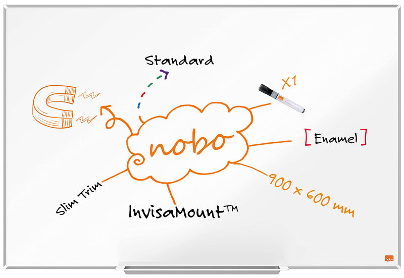 Nobo Magnetisches Emaillle-Whiteboard mit Stiftablage, 900 x 600 mm, Schlanker Zierrahmen, InvisaMount-Montagesystem, Impression Pro, Weiß, 1915395