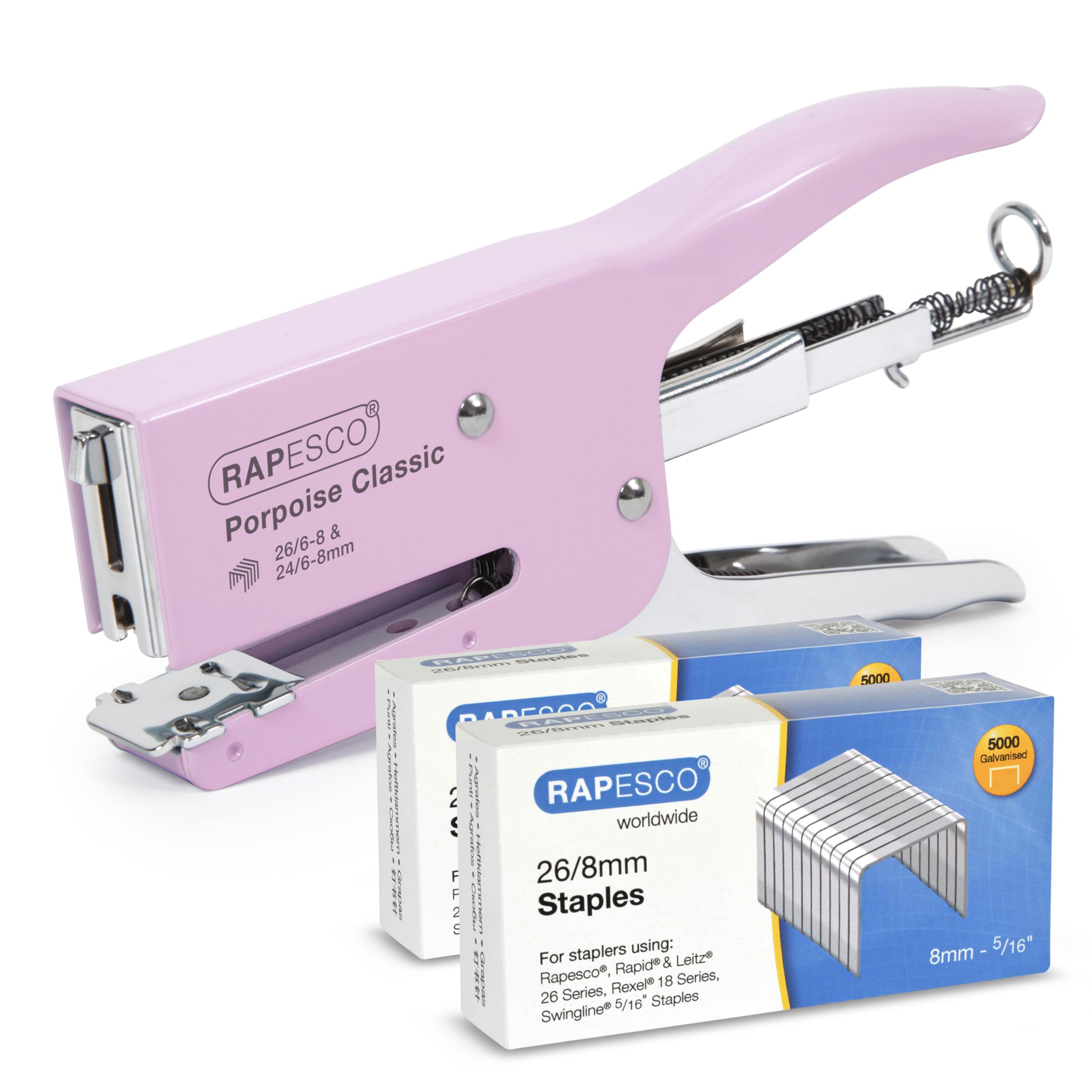 Rapesco 1356A Porpoise Classic Heftzange mit 10.000 Heftklammern des Typs 26/8 mm, 45 Blatt Kapazität, Rosa