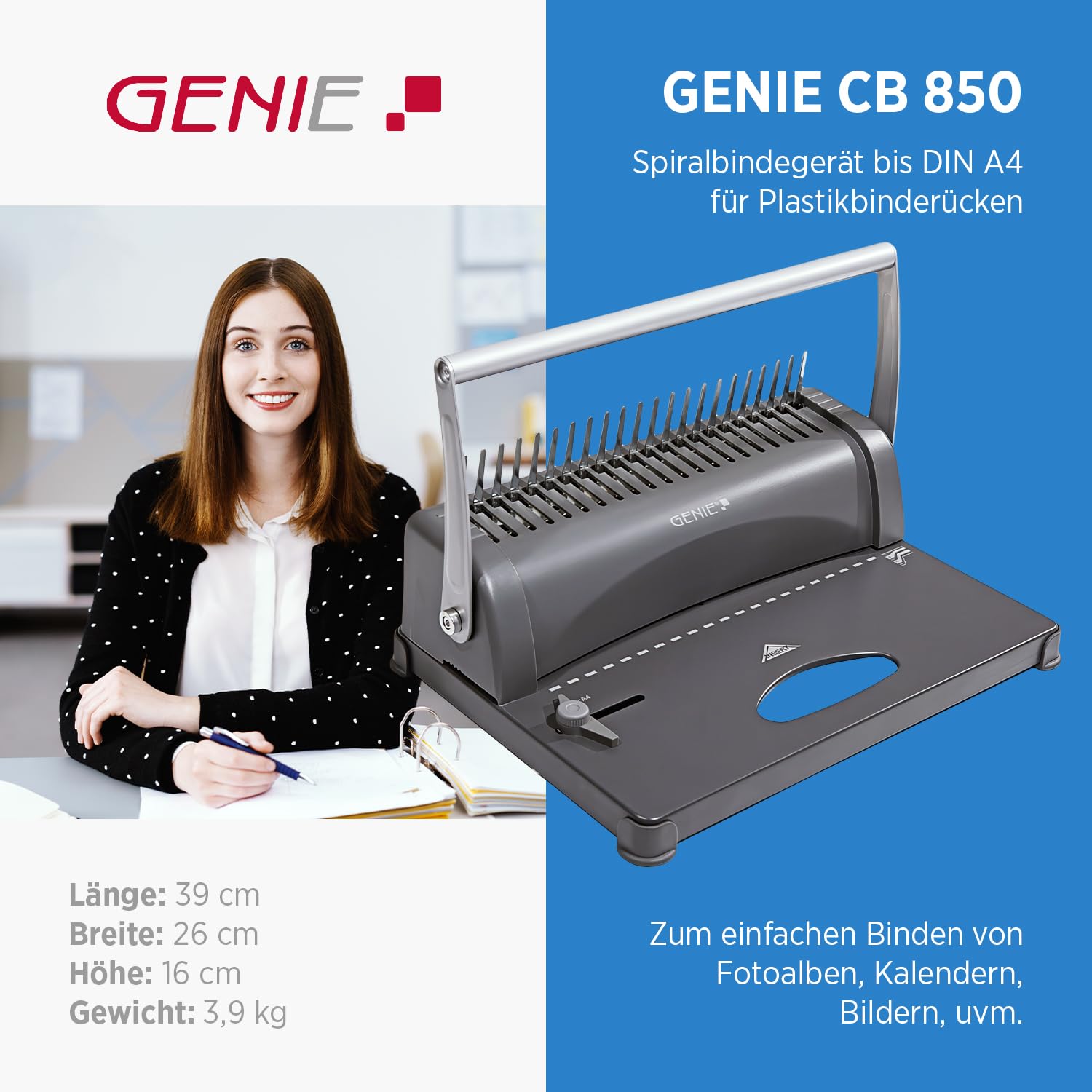 Genie CB 850 Stanz- & Spiralbindegerät | Bindemaschine bis DIN A4 | inkl. 75-teiligem Zubehör-Set | Ringbindung & Spiralbindung Set | Plastikbinderücken | Stanzmaschine mit 4-fach Locher | 350 Blatt