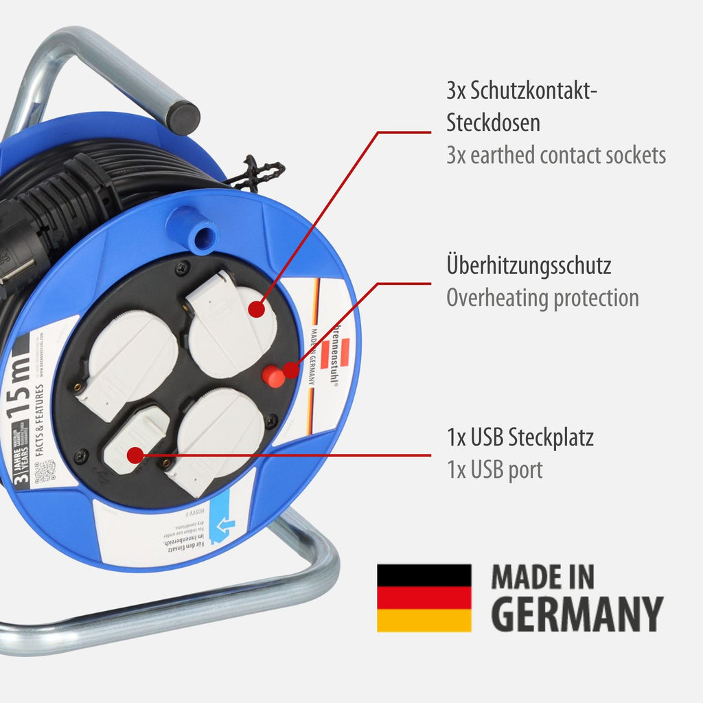Brennenstuhl Garant Kompakt Kabeltrommel 3-fach mit USB (Kabeltrommel mit USB-Ladefunktion und 15m Kabel, Made in Germany) blau