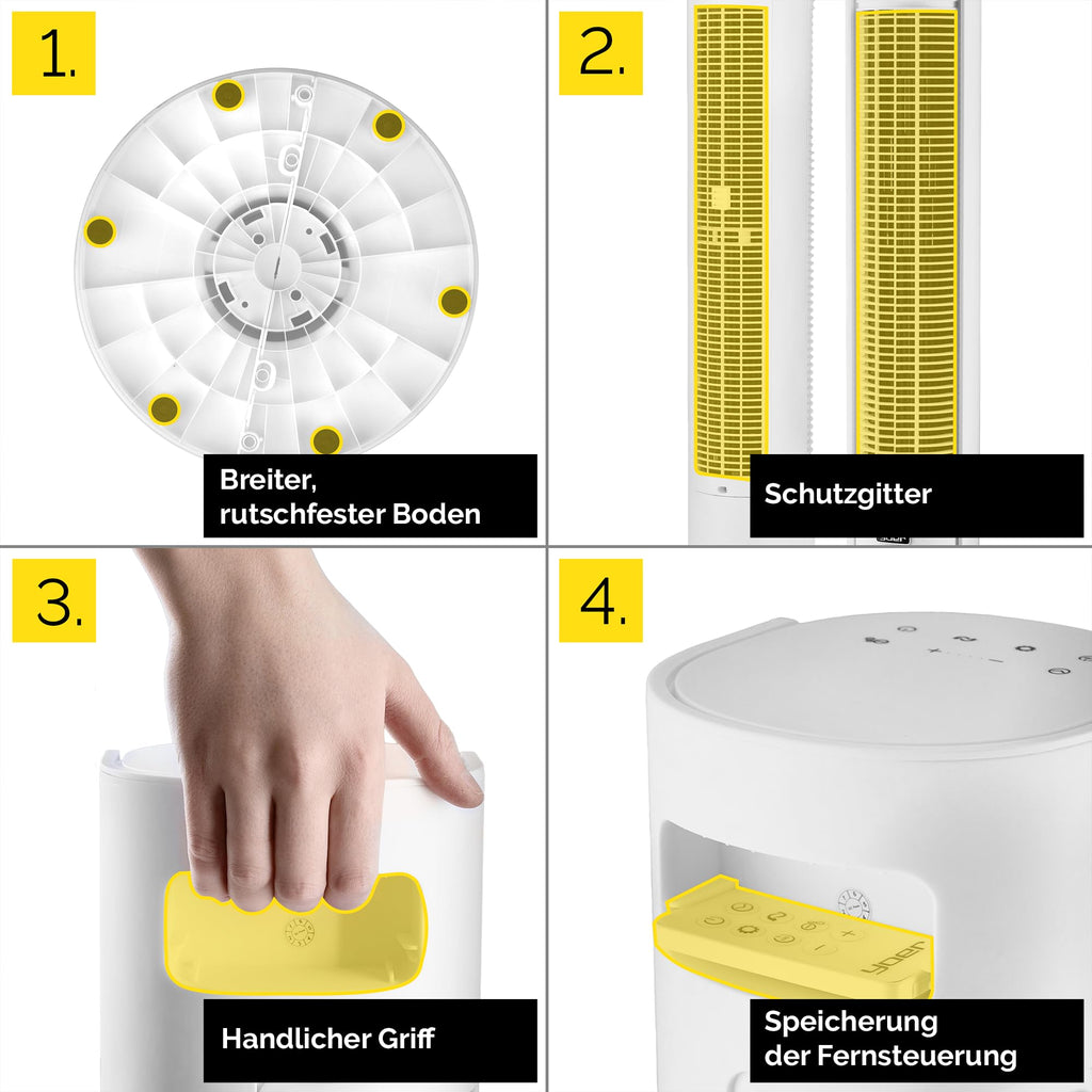 YOER 19dB Leiser Turmventilator, Plasma-Ionisator, 12 m Reichweite, 12 Geschwindigstufen, 3 Modi, 12 Std. Timer, 80° Oszillation, Fernbedienung, CoolWhisper TF07W, weiß