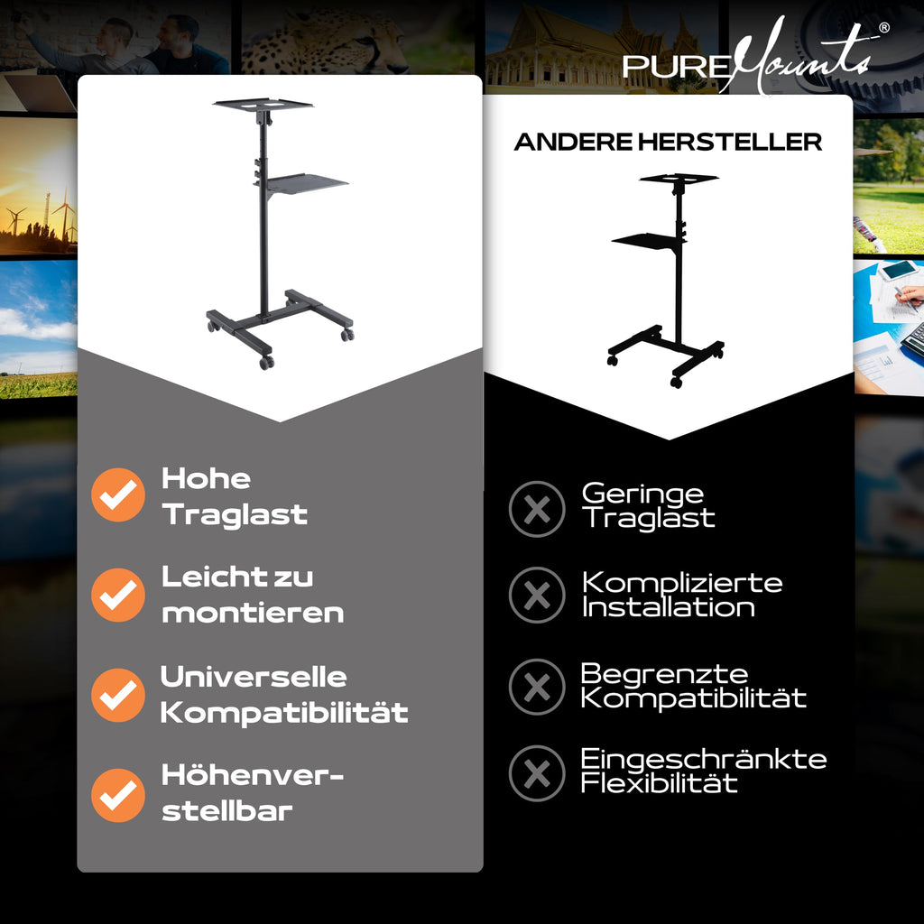 PureMounts PM-PCART-10 - Neigbarer Projektionswagen/Projektionstisch für Beamer und Projektor, flexibel einstellbar (950mm bis 1450mm), feststellbare Rollen, Tragkraft 10kg, Farbe schwarz