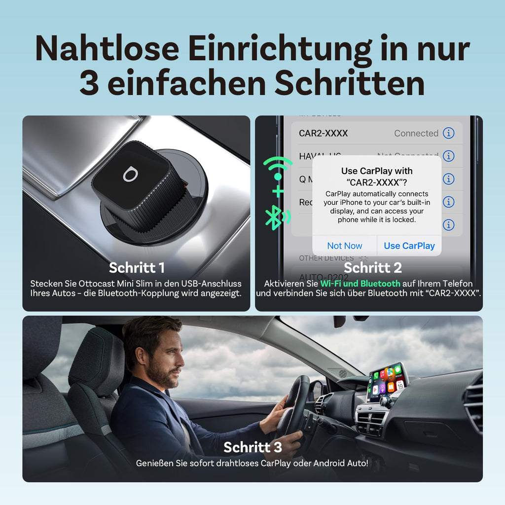 OTTOCAST 2026 Upgrade Mini Slim, 2-in-1 Wireless CarPlay & Android Auto Adapter mit Type-A/C für iOS 10+ & Android 11+ Smartphones, Multi-User Support, Plug & Play Umwandlung von Kabel zu Kabellos