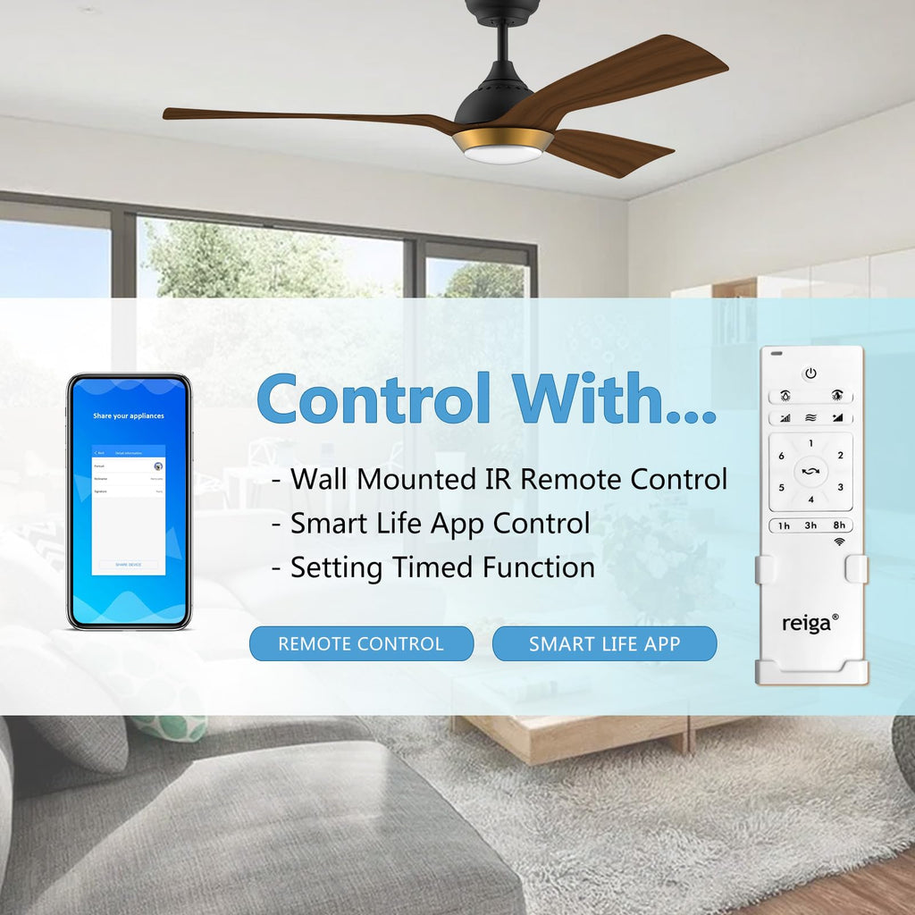 reiga Deckenventilator mit dimmbarer LED-Beleuchtung 132 cm Leiser DC-Motor mit starkem Luftstrom, 6 Geschwindigkeiten, 3 Farbtemperaturen, Fernbedienung für Wohnzimmer, Schlafzimmer & Büro