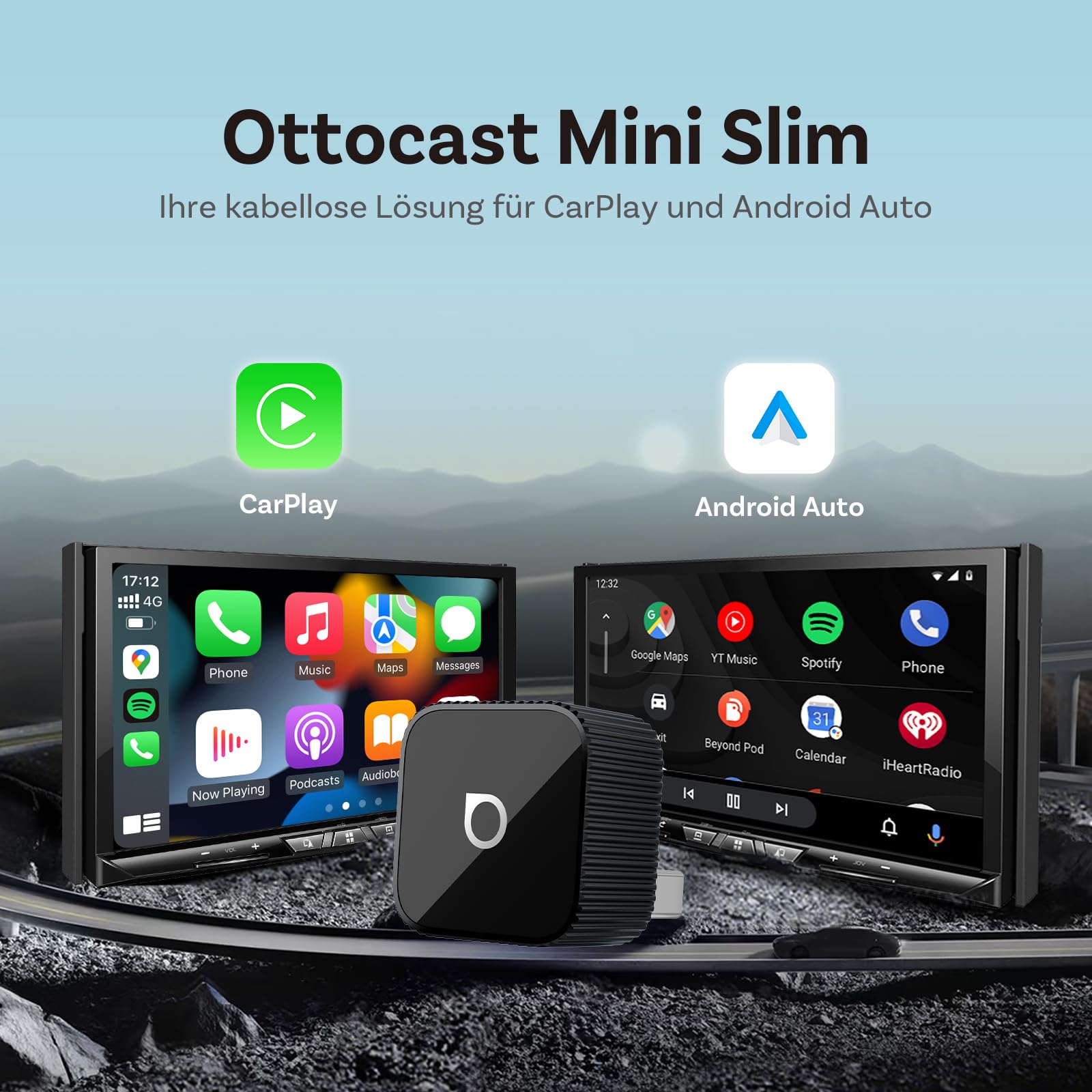 OTTOCAST 2026 Upgrade Mini Slim, 2-in-1 Wireless CarPlay & Android Auto Adapter mit Type-A/C für iOS 10+ & Android 11+ Smartphones, Multi-User Support, Plug & Play Umwandlung von Kabel zu Kabellos