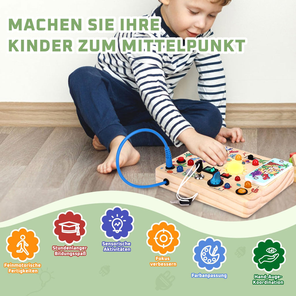 Dinosaurier Busy Board Montessori Spielzeug ab 1 jahr Activity Board Holzspielzeug Mit 10 Schaltern und 23 LED Lichtern Sensorik Spielzeug Motorikspielzeug für Babys und Kinder ab 1 2 3 4 Jahre Jungen