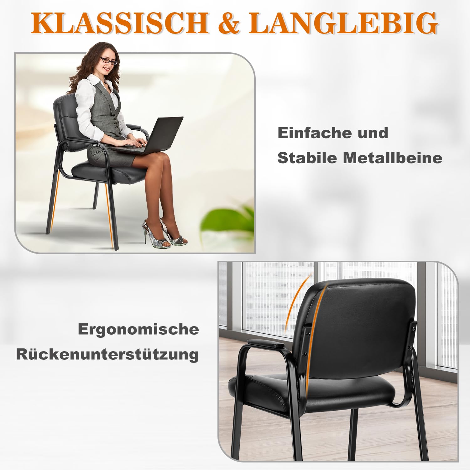 DUMOS edx Wartezimmer-Gästestühle 2er Set mit gepolsterten Armlehnen, Schreibtischstuhl aus PU-Leder, ohne Rollen, mit Lendenwirbelstütze und Metallrahmen, für Büro, Konferenzlobby