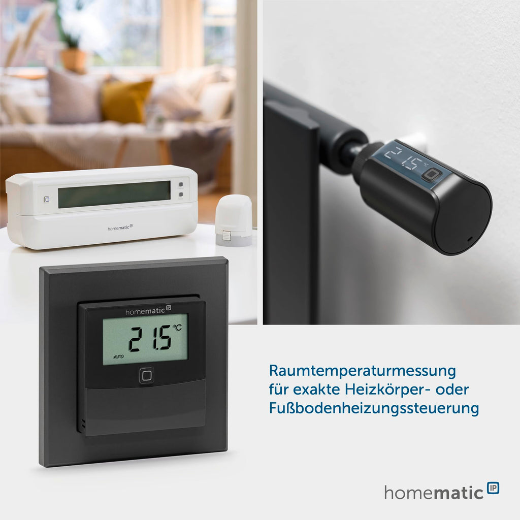 Homematic IP Smart Home Temperatur- und Luftfeuchtigkeitssensor mit Display – innen, anthrazit, steuert Heizkörper/Fußbodenheizung per App, Alexa, Temperaturmessung, Energie sparen, 160551A0