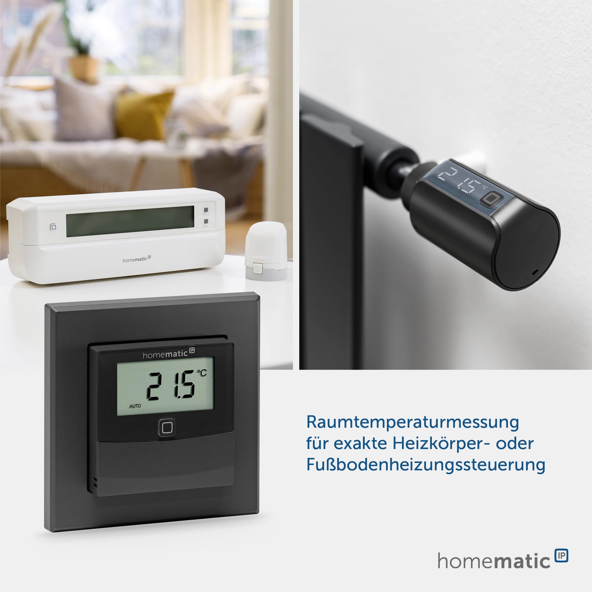 Homematic IP Smart Home Temperatur- und Luftfeuchtigkeitssensor mit Display – innen, anthrazit, steuert Heizkörper/Fußbodenheizung per App, Alexa, Temperaturmessung, Energie sparen, 160551A0