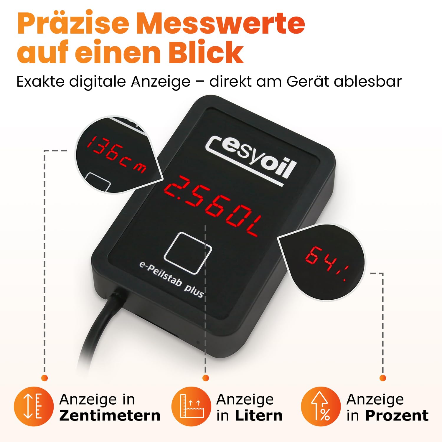 esyoil e-Peilstab: Digitale Füllstandsanzeige für Heizöltank/Öltank | Anzeige in Liter, Zentimeter und Prozent | einfache Montage | kein WLAN erforderlich