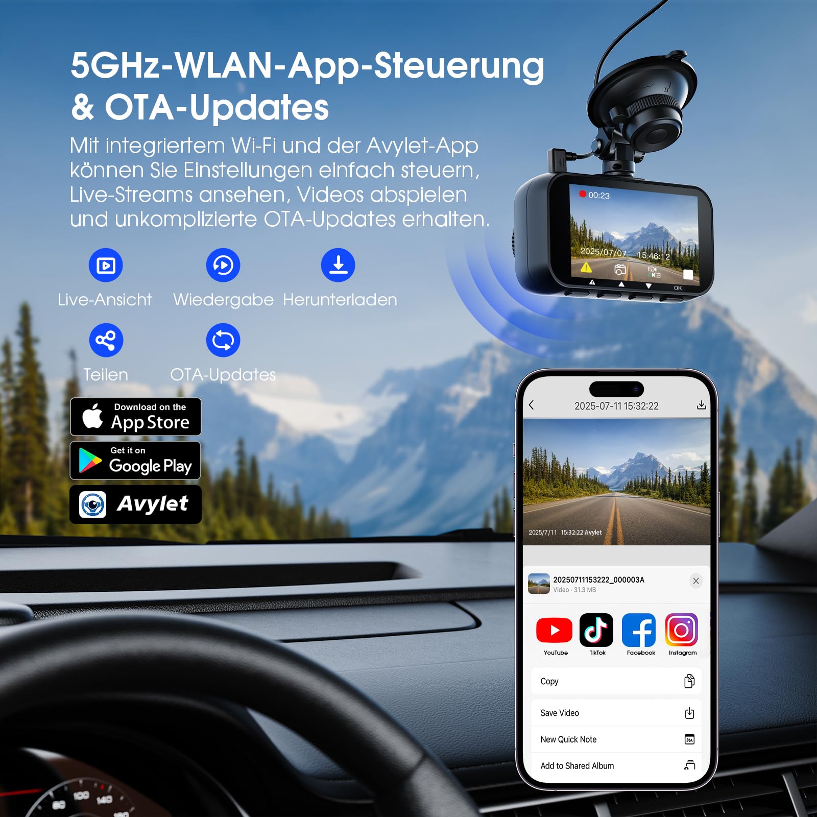 Avylet 4K/2.5K+1080P Dashcam Auto Vorne Hinten, 5GHz WiFi/APP Dual Kamera mit 64GB Card, ADAS Spurhalteassistent, Parküberwachung, externem GPS, Super Nachtsicht, WDR, G-Sensor, 170°+150° Weitwinkel