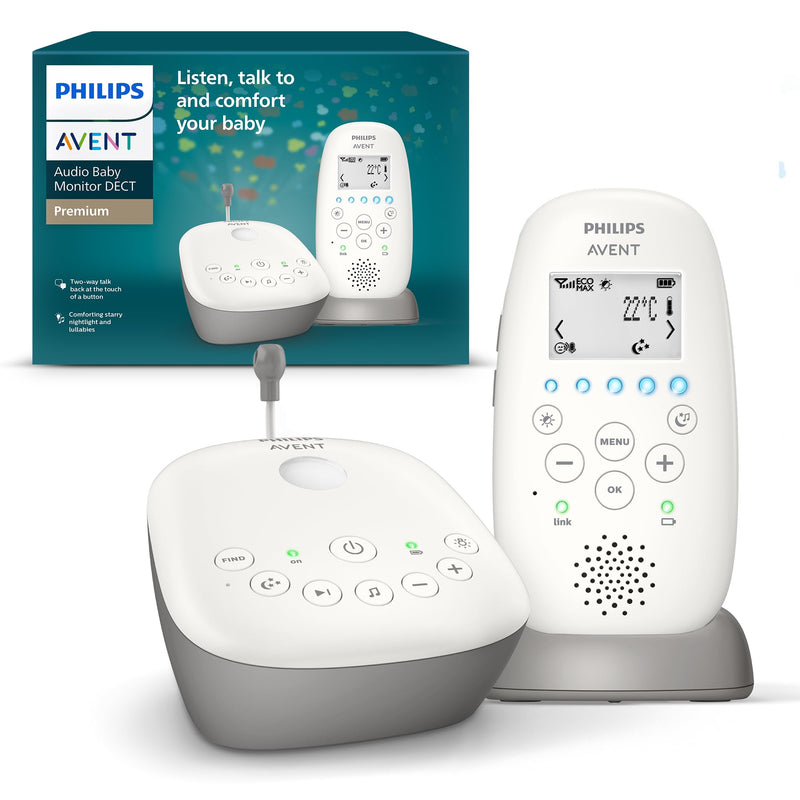 Philips AVENT Audio Babyphone, DECT-Technologie, Eco-Mode, Sternenhimmel, Gegensprechfunktion, Schlaf- und Nachtlieder, 18 Std. Laufzeit, maximale Reichweite, weiß (Modell SCD733/26)
