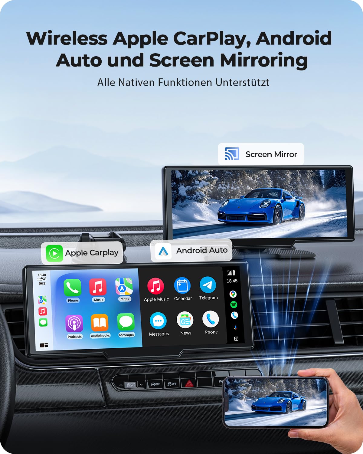 Krunia 9,26" Drahtloses Tragbarer Car Play Display mit 4K-Front- & HD-Rückfahr-Dual-Dashcam für Apple CarPlay & Android Auto mit OTA-Updates, Mirror Link, Bluetooth 5.0, Sprachsteuerung, GPS, FM