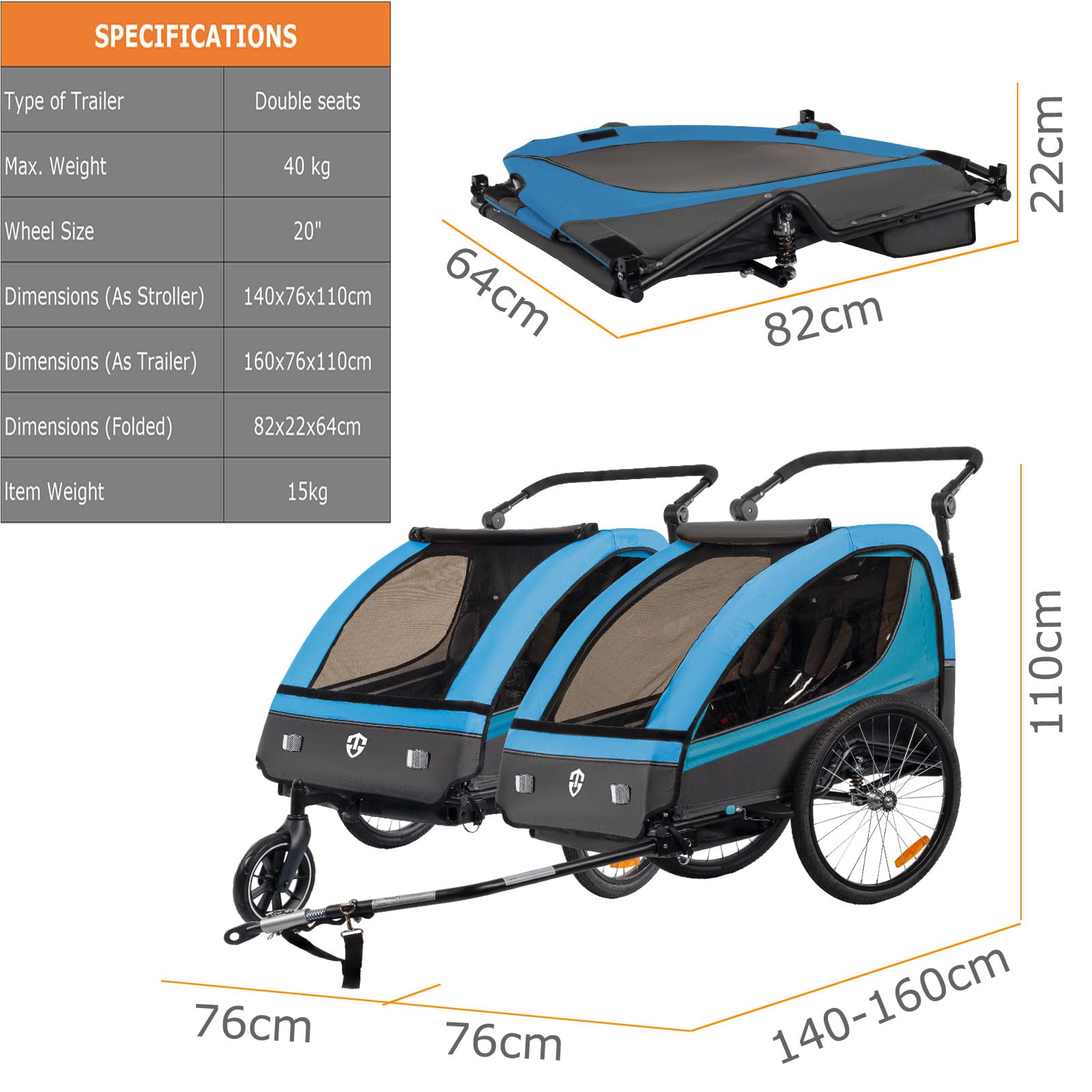 Tiggo VS Kinderanhänger 360° Drehbar mit Federung 2in1 Fahrradanhänger mit Buggy Set Jogger 5-Punkt Gurt Fahrrad Anhänger für 1 bis 2 Kinder max. 40kg (Blau)